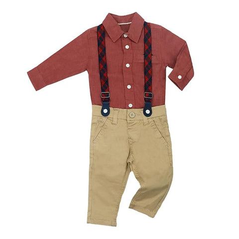 Kids Cotton Shirt & Trouser Pant With Suspender Set For Little Gentleman