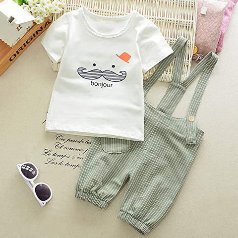 Kids Cotton Printed T-shirt & Striped Dungaree Set