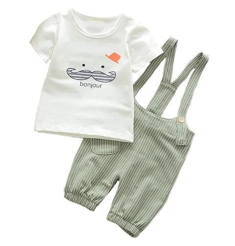 Kids Cotton Printed T-shirt & Striped Dungaree Set