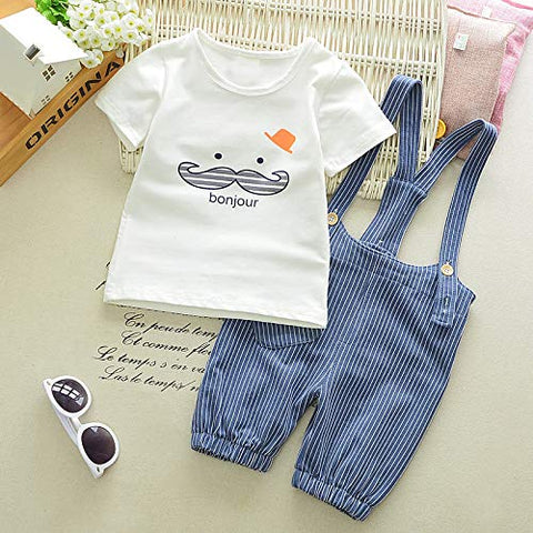Kids Cotton Printed T-shirt & Striped Dungaree Set