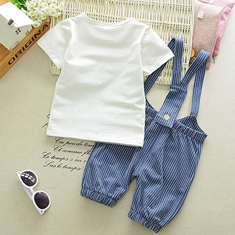 Kids Cotton Printed T-shirt & Striped Dungaree Set