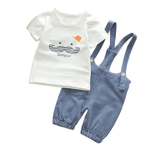 Kids Cotton Printed T-shirt & Striped Dungaree Set