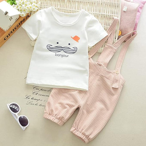 Kids Cotton Printed T-shirt & Striped Dungaree Set