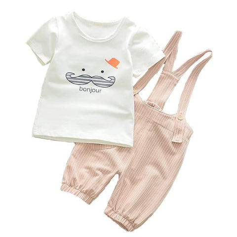 Kids Cotton Printed T-shirt & Striped Dungaree Set