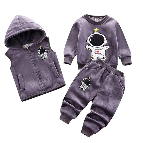 Kids Astronaut Microfleece Velvet Warm 3-Piece Hooded Jacket, T-shirt & Joggers Winter Outfits