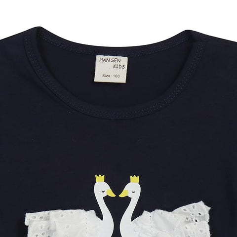 Girls Cotton Printed Swan Patch T-shirt & Pant Set