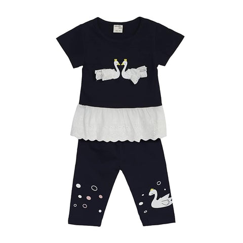 Girls Cotton Printed Swan Patch T-shirt & Pant Set