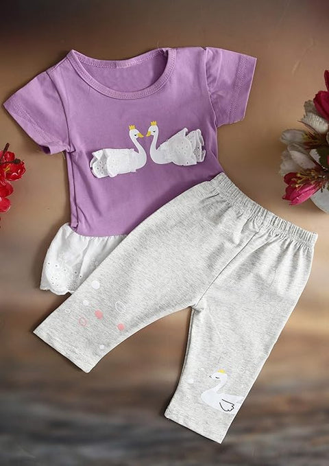 Girls Cotton Printed Swan Patch T-shirt & Pant Set