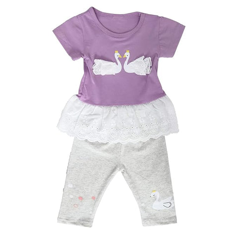 Girls Cotton Printed Swan Patch T-shirt & Pant Set