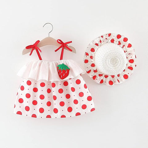 Girls Polka Dot Print Shoulder Straps Mini Dress With Hat