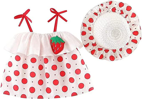 Girls Polka Dot Print Shoulder Straps Mini Dress With Hat