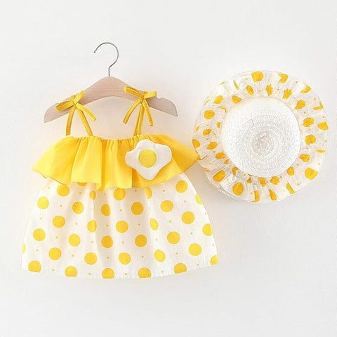 Girls Polka Dot Print Shoulder Straps Mini Dress With Hat