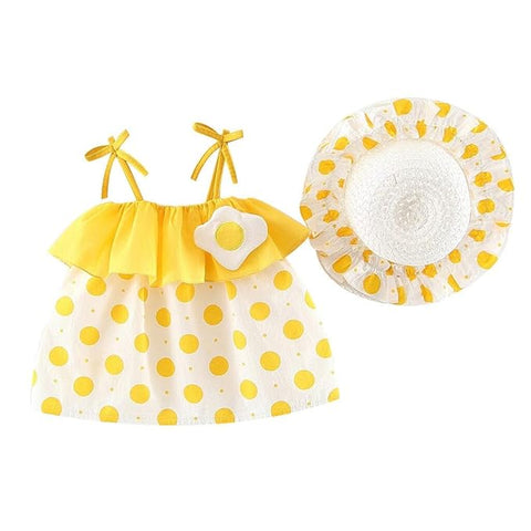 Girls Polka Dot Print Shoulder Straps Mini Dress With Hat