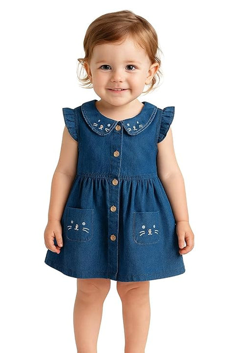 Girls Cotton Denim Shift Knee Length Frock Dress