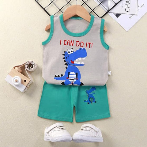 Kid's Summer Sleeveless Dinosaur Printed T-Shirt & Shorts Set