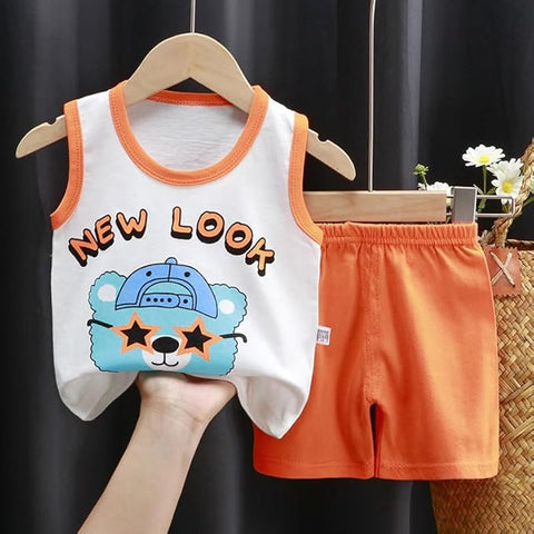 Cool Bear Printed Sleeveless T-Shirt & Shorts Set