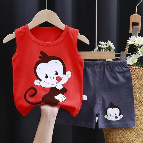 Kid's Monkey Printed Sleeveless T-Shirt & Shorts Set