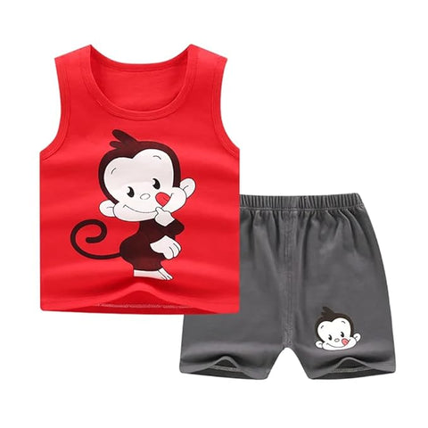 Kid's Monkey Printed Sleeveless T-Shirt & Shorts Set