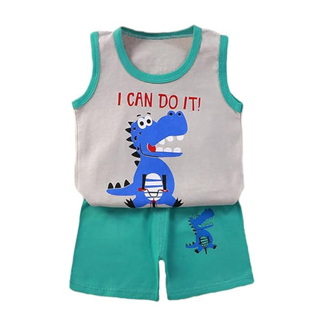 Kid's Summer Sleeveless Dinosaur Printed T-Shirt & Shorts Set