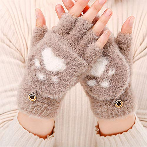 Cute Paw Fuzzy Fur Warm Wool Convertible Fingerless Gloves cum Mittens Winter Wrist Arm Warmer Mitts Gloves