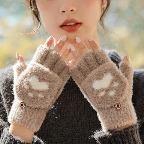 Cute Paw Fuzzy Fur Warm Wool Convertible Fingerless Gloves cum Mittens Winter Wrist Arm Warmer Mitts Gloves