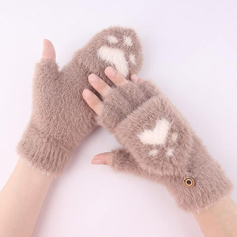 Cute Paw Fuzzy Fur Warm Wool Convertible Fingerless Gloves cum Mittens Winter Wrist Arm Warmer Mitts Gloves