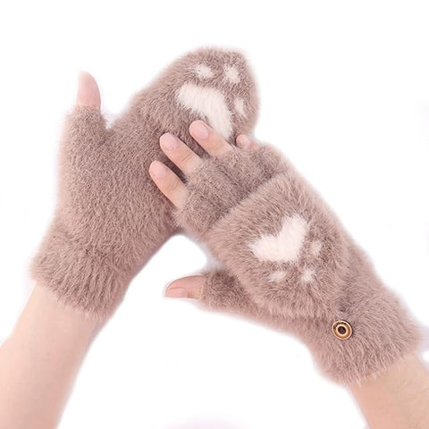 Cute Paw Fuzzy Fur Warm Wool Convertible Fingerless Gloves cum Mittens Winter Wrist Arm Warmer Mitts Gloves