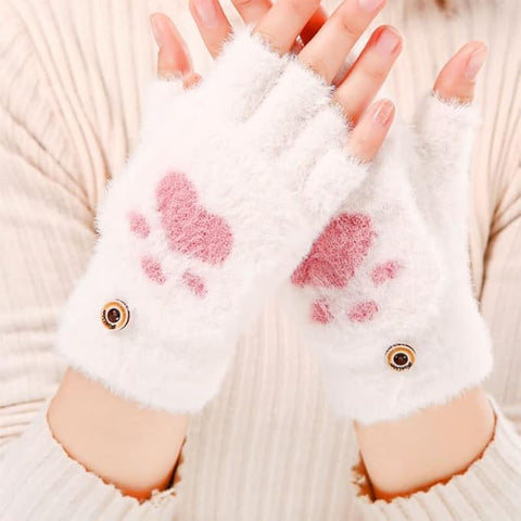 Cute Paw Fuzzy Fur Warm Wool Convertible Fingerless Gloves cum Mittens Winter Wrist Arm Warmer Mitts Gloves