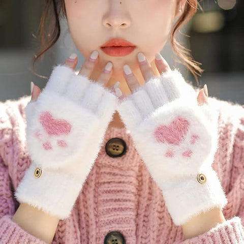 Cute Paw Fuzzy Fur Warm Wool Convertible Fingerless Gloves cum Mittens Winter Wrist Arm Warmer Mitts Gloves