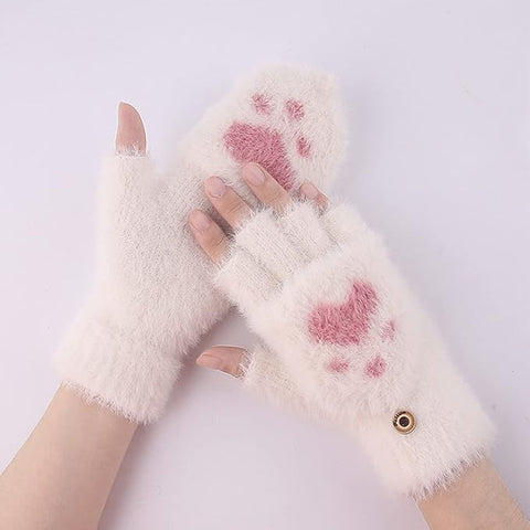 Cute Paw Fuzzy Fur Warm Wool Convertible Fingerless Gloves cum Mittens Winter Wrist Arm Warmer Mitts Gloves
