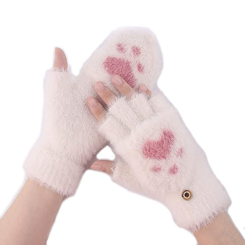 Cute Paw Fuzzy Fur Warm Wool Convertible Fingerless Gloves cum Mittens Winter Wrist Arm Warmer Mitts Gloves