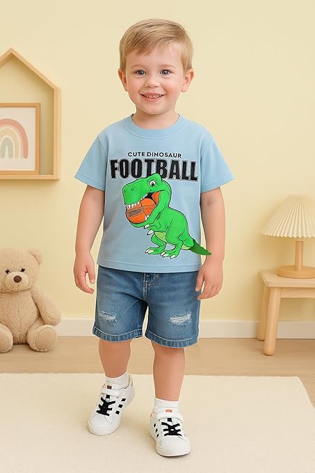 Kids Cotton Dinosaur With 3D Tail Half Sleeve T-Shirt with Denim Shorts Set
