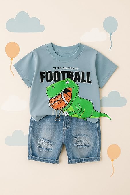 Kids Cotton Dinosaur With 3D Tail Half Sleeve T-Shirt with Denim Shorts Set