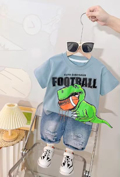 Kids Cotton Dinosaur With 3D Tail Half Sleeve T-Shirt with Denim Shorts Set