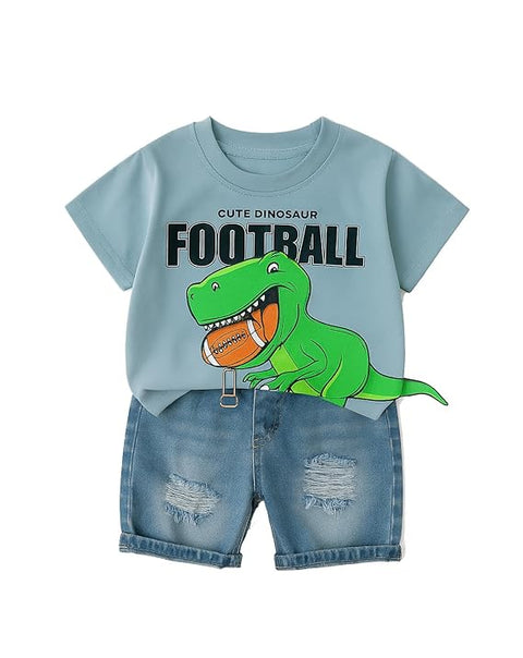 Kids Cotton Dinosaur With 3D Tail Half Sleeve T-Shirt with Denim Shorts Set