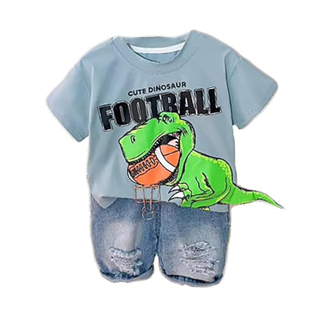 Kids Cotton Dinosaur With 3D Tail Half Sleeve T-Shirt with Denim Shorts Set