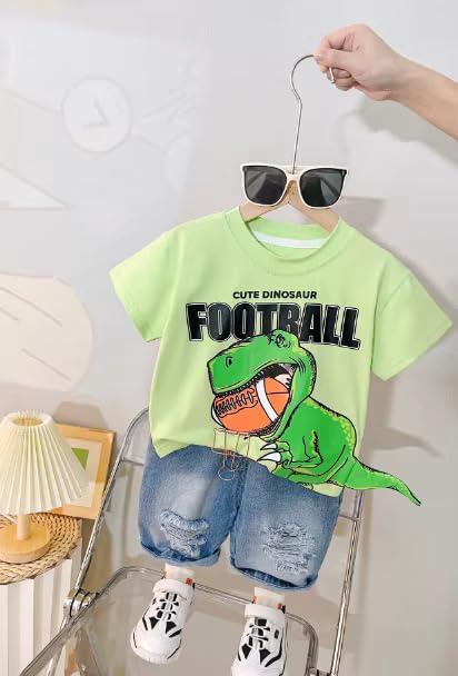 Kids Cotton Dinosaur With 3D Tail Half Sleeve T-Shirt with Denim Shorts Set