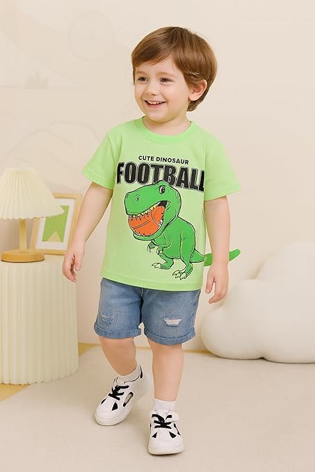 Kids Cotton Dinosaur With 3D Tail Half Sleeve T-Shirt with Denim Shorts Set