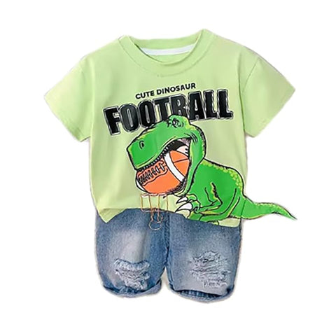 Kids Cotton Dinosaur With 3D Tail Half Sleeve T-Shirt with Denim Shorts Set