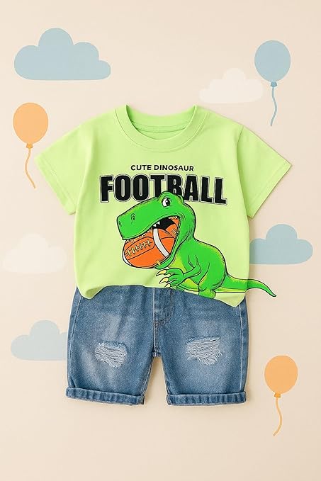 Kids Cotton Dinosaur With 3D Tail Half Sleeve T-Shirt with Denim Shorts Set