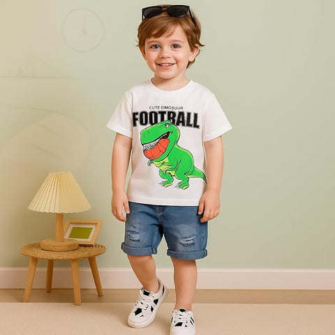 Kids Cotton Dinosaur With 3D Tail Half Sleeve T-Shirt with Denim Shorts Set