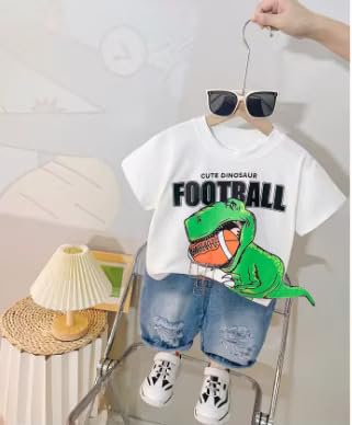 Kids Cotton Dinosaur With 3D Tail Half Sleeve T-Shirt with Denim Shorts Set