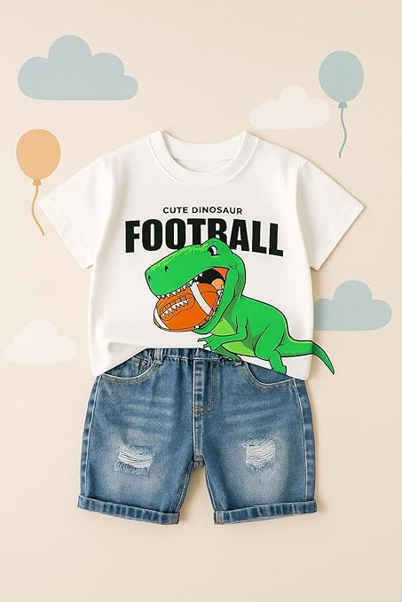 Kids Cotton Dinosaur With 3D Tail Half Sleeve T-Shirt with Denim Shorts Set