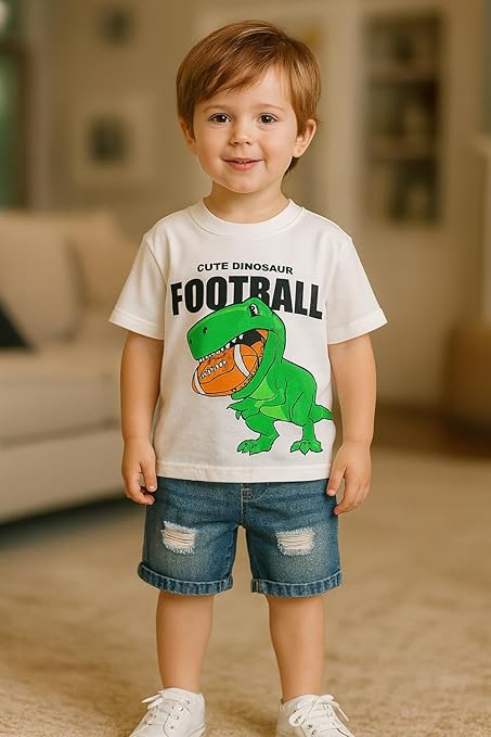 Kids Cotton Dinosaur With 3D Tail Half Sleeve T-Shirt with Denim Shorts Set
