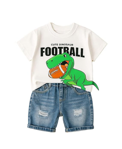 Kids Cotton Dinosaur With 3D Tail Half Sleeve T-Shirt with Denim Shorts Set