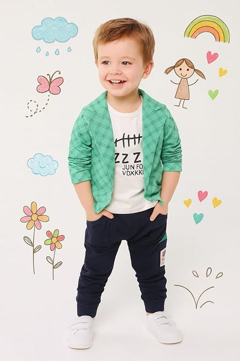 Cotton Printed Check Full Sleeve Jacket Attached T-Shirt Pant Clothing Set For Boy's