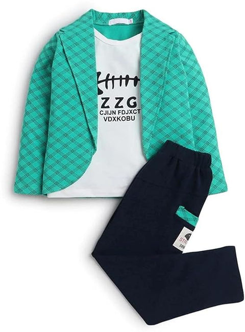 Cotton Printed Check Full Sleeve Jacket Attached T-Shirt Pant Clothing Set For Boy's