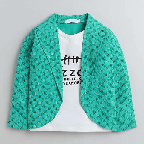 Cotton Printed Check Full Sleeve Jacket Attached T-Shirt Pant Clothing Set For Boy's