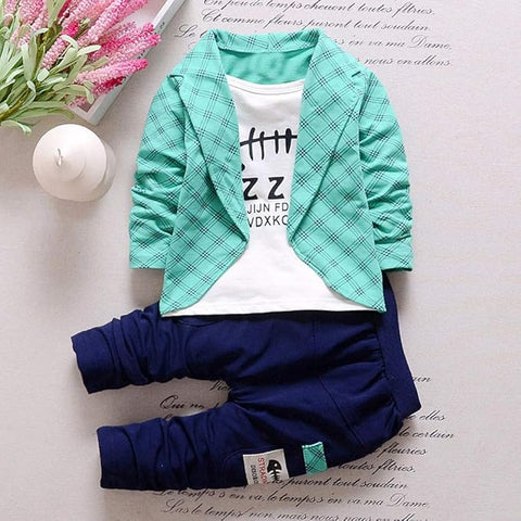 Cotton Printed Check Full Sleeve Jacket Attached T-Shirt Pant Clothing Set For Boy's