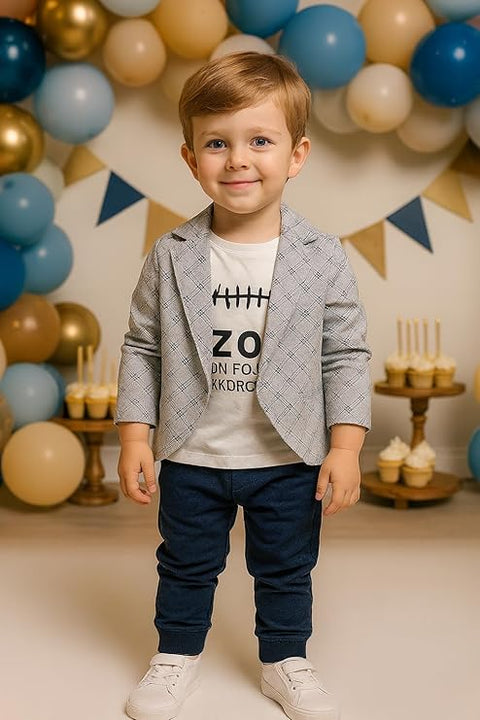 Cotton Printed Check Full Sleeve Jacket Attached T-Shirt Pant Clothing Set For Boy's